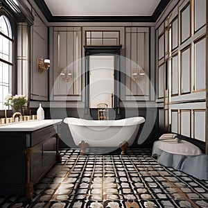 A luxurious Victorian-inspired bathroom with clawfoot tub and intricate tile work2