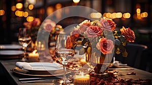 A luxurious view of the table in a cozy restaurant, decorated with candles and flowers, where serv