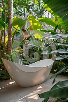 Luxurious villa bathroom with modern outdoor bathtub and exotic green plants in bali, indonesia