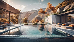 Luxurious villa, mountain landscape, tranquil poolside relaxation generated by AI