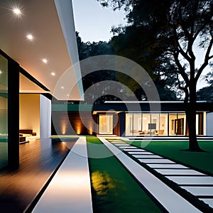 Luxurious villa for outdoor living, designed according to algorithms in the form of a street view photo