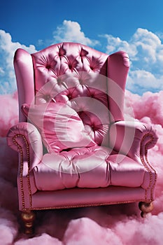 a luxurious vintage armchair in the sky with white and pink clouds