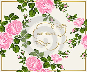 Luxurious vintage card of pink roses with gold calligraphy. Vector illustration.