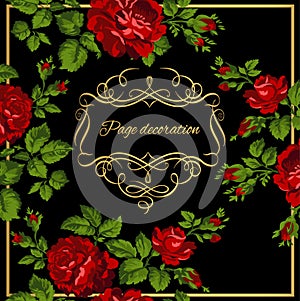 Luxurious vintage card of red roses with gold calligraphy. Vector illustration.