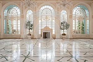 Luxurious vintage interior with fireplace in the aristocratic style. Large Windows and mirrors. Columns and arches