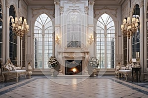 Luxurious vintage interior with fireplace in the aristocratic style. Large Windows and mirrors. Columns and arches