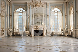 Luxurious vintage interior with fireplace in the aristocratic style. Large Windows and mirrors. Columns and arches