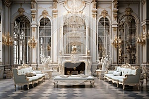 Luxurious vintage interior with fireplace in the aristocratic style. Large Windows and mirrors. Columns and arches