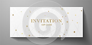 Luxurious VIP Invitation template with lines, golden stars on white background and gold text