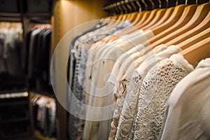 Walk in closet. Hangers in dressing room. photo