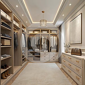 Luxurious Walk-In Closet with Organized Shelves and Hangers photo