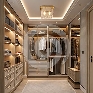 Luxurious Walk-In Closet with Organized Shelves and Hangers photo