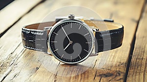 Luxurious Watch on Crocodile Leather Band Displayed on Rustic Wooden Surface photo