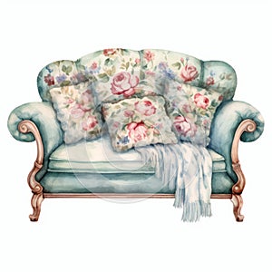 Luxurious Watercolor Sofa With Flowers: Retro Vintage Illustration