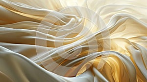 Luxurious wavy fabric satin silk background. Abstract background of cloth with drapery and wavy folds of ivory color