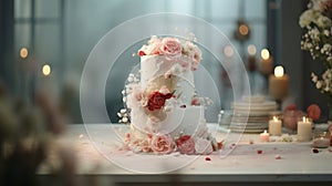 Luxurious wedding cake with floral adornments and generous space for customized text and designs photo
