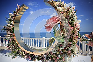 Luxurious wedding ceremony on the ocean coast. Floristic composition in the form of an arch of decorative and live roses