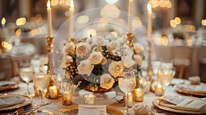 luxurious wedding decor, dazzling gold candelabras and satin tablecloths elevate the romantic wedding ambiance with photo