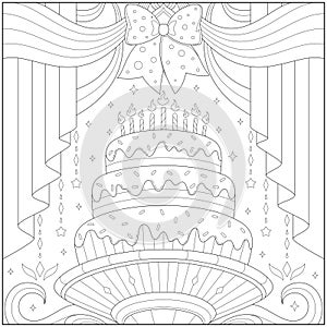 Luxurious wedding Party cake with beautiful curtain and ribbon as decoration. Learning and education coloring page