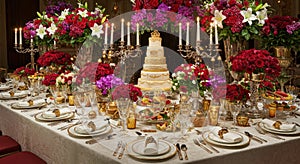 Luxurious wedding reception table with ornate decor and floral arrangements