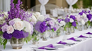 Luxurious Wedding Reception Table Setting with Elegant Purple Flower Decor.