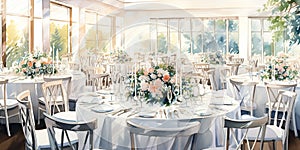 Luxurious wedding reception venue with elegant table settings.