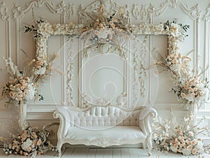 Luxurious wedding stage with white drapery, floral arrangements, and balloons for a chic ceremony
