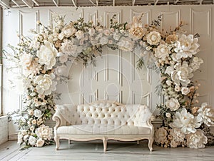 Luxurious wedding stage with white drapery, floral arrangements, and balloons for a chic ceremony