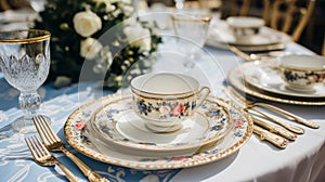 Luxurious wedding table setting with elegant floral arrangement in a stunning reception setting