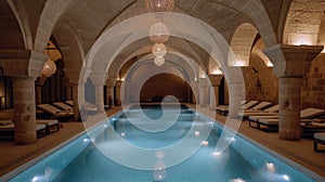 Luxurious wellness center featuring a vast indoor pool and relaxing spa amenities AI Generated
