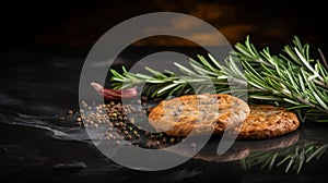 Luxurious Whistlerian Cookies With Rosemary And Spices On Dark Stone photo