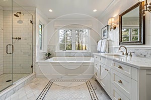 Expensive white bathroom with large rectangular bathtub