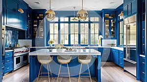 Luxurious white and blue kitchen with gold hardware, and white marbled granite counter tops