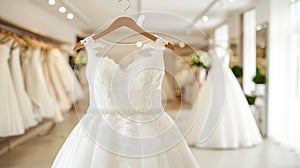 Luxurious white bridal gowns on elegant hangers displayed in an upscale boutique salon for brides