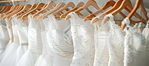 Luxurious white bridal gowns on hangers in elegant boutique, ideal for wedding dress shopping