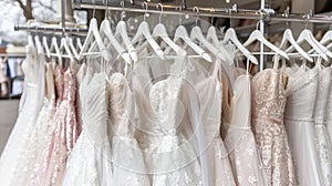 Luxurious white bridal gowns showcased in sophisticated boutique salon, close up view