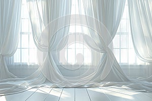 Luxurious white curtains in sunlit room