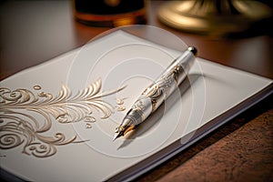 A luxurious white and gold fountain pen and paper with gold ornaments