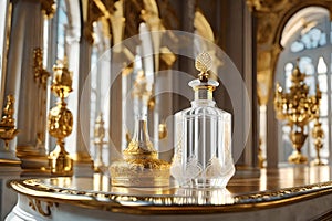 Luxurious white and golden ornamented baroque and rococo perfume bottle , expensive and royal fragrance flacon