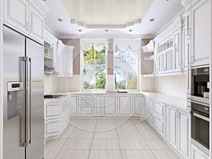 Luxurious white kitchen in classical style with built-in appliances and a large window