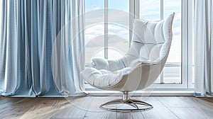 A luxurious white leather chair by a window with flowing blue curtains.