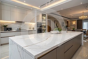 Empty white marble countertop in modern kitchen