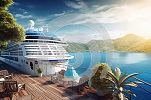 A luxurious white ocean cruise ship is moored at the pier on a tropical paradise island surrounded by greenery and