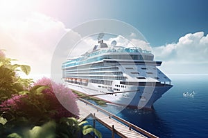 A luxurious white ocean cruise ship is moored at the pier on a tropical paradise island surrounded by greenery and