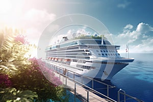 A luxurious white ocean cruise ship is moored at the pier on a tropical paradise island surrounded by greenery and