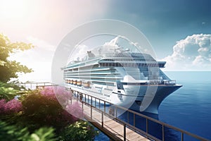 A luxurious white ocean cruise ship is moored at the pier on a tropical paradise island surrounded by greenery and