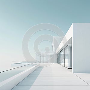 Luxurious white villa close up, bathed in sunlight under azure skies, exuding understated elegance photo