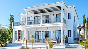 Luxurious white villa in sunlight against azure skies exudes understated elegance photo