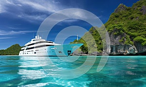 A luxurious white yacht against the backdrop of a tropical island with palm trees under the blue sky. Created with generative Ai