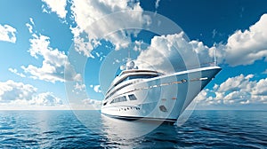 Luxurious white yacht sailing on serene blue ocean under vast sky. Ideal for travel and leisure themes. Evokes freedom